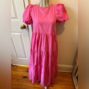 Basement Women’s Tiered Puff Sleeves Pink Maxi Dress Relaxed Fit Size XS